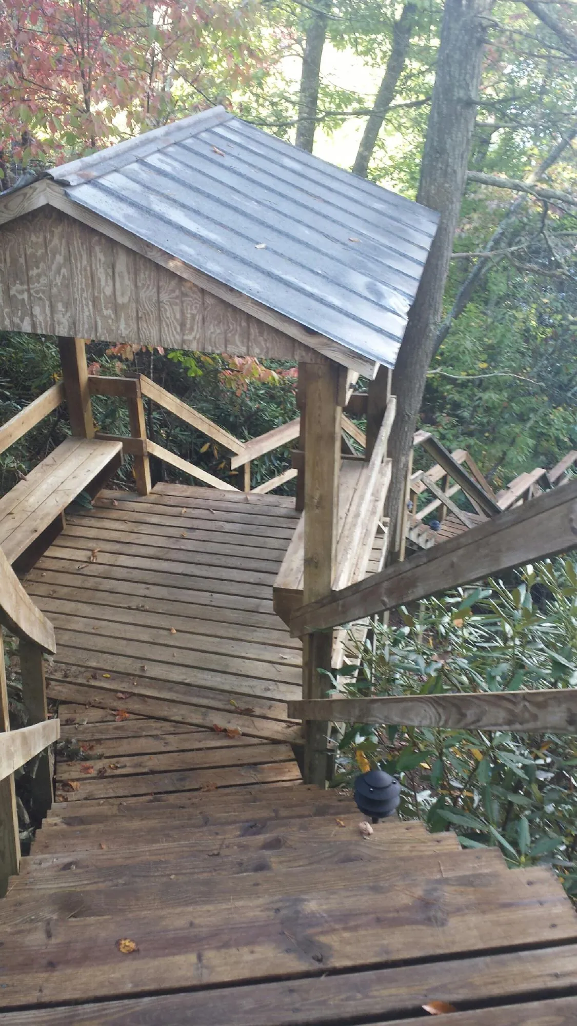 Metal roofed shelter over wooden steps on a wooded walkway — Skylight Repair & Installation work by our crew in Sapphire